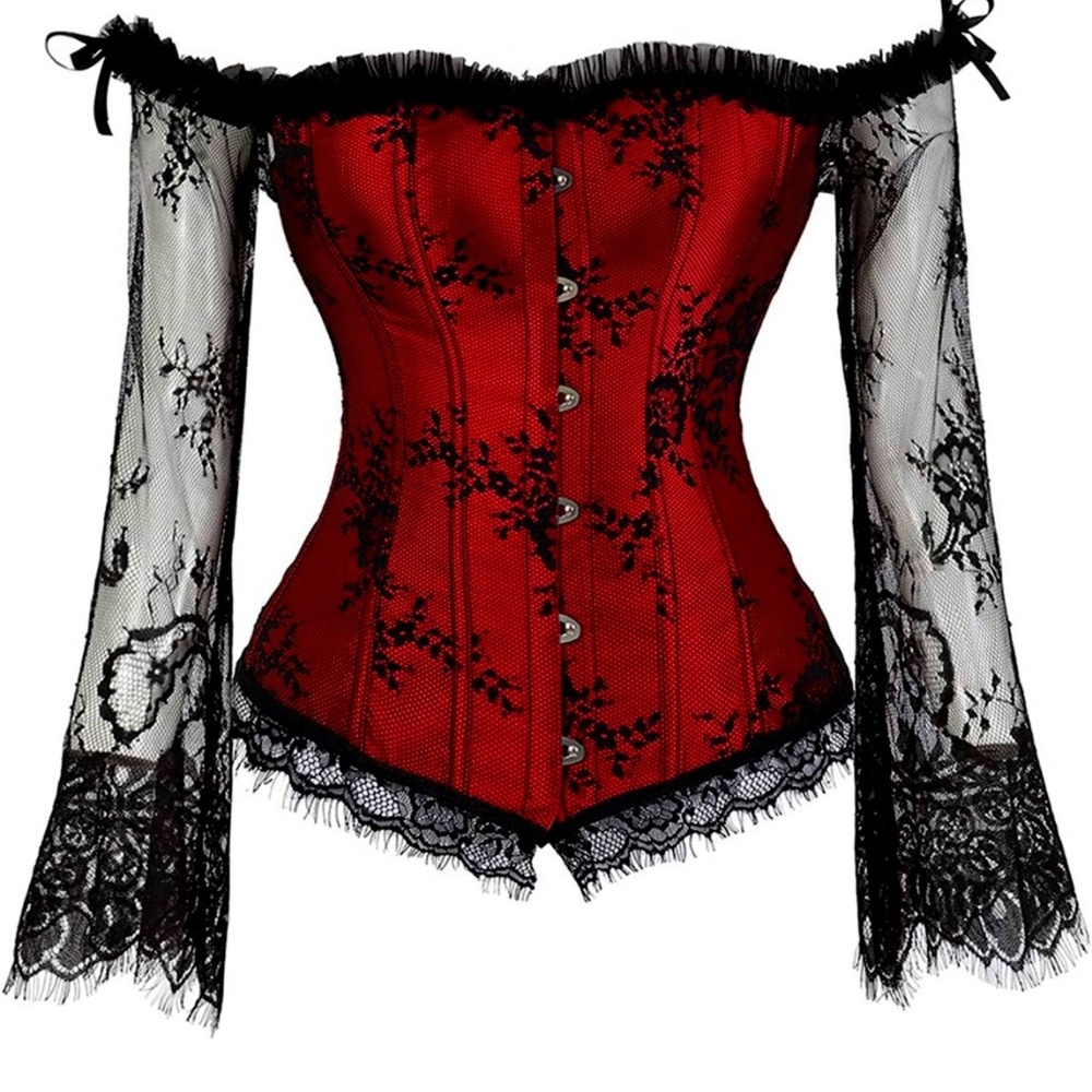 Red Renaissance Corset, Black Lace Ruched Sleeves, Elegant Overbust